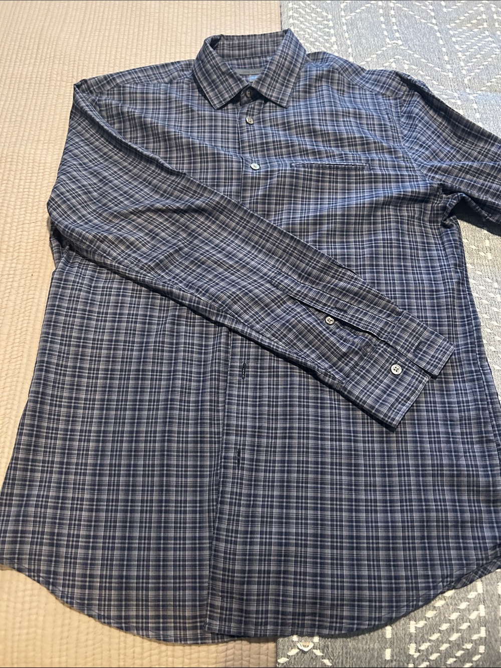 John Varvatos Navy and Gray Plaid Button-Down Shirt